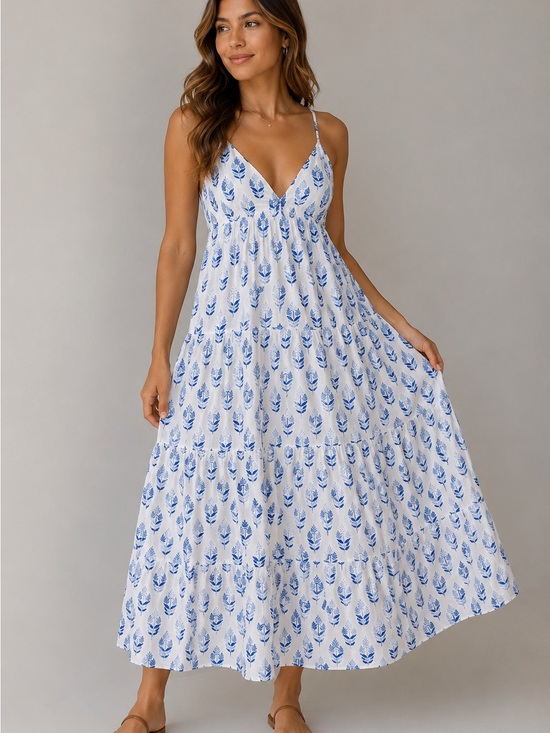 Japna Dresses & Skirts - Spaghetti-Strap White Maxi Dress with Blue Floral Print